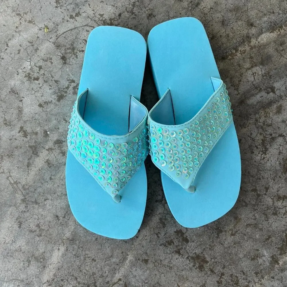 Vintage Y2K Aqua Blue Sequin Platform Flip Flops Sandals Women's 6 Disco 2000s